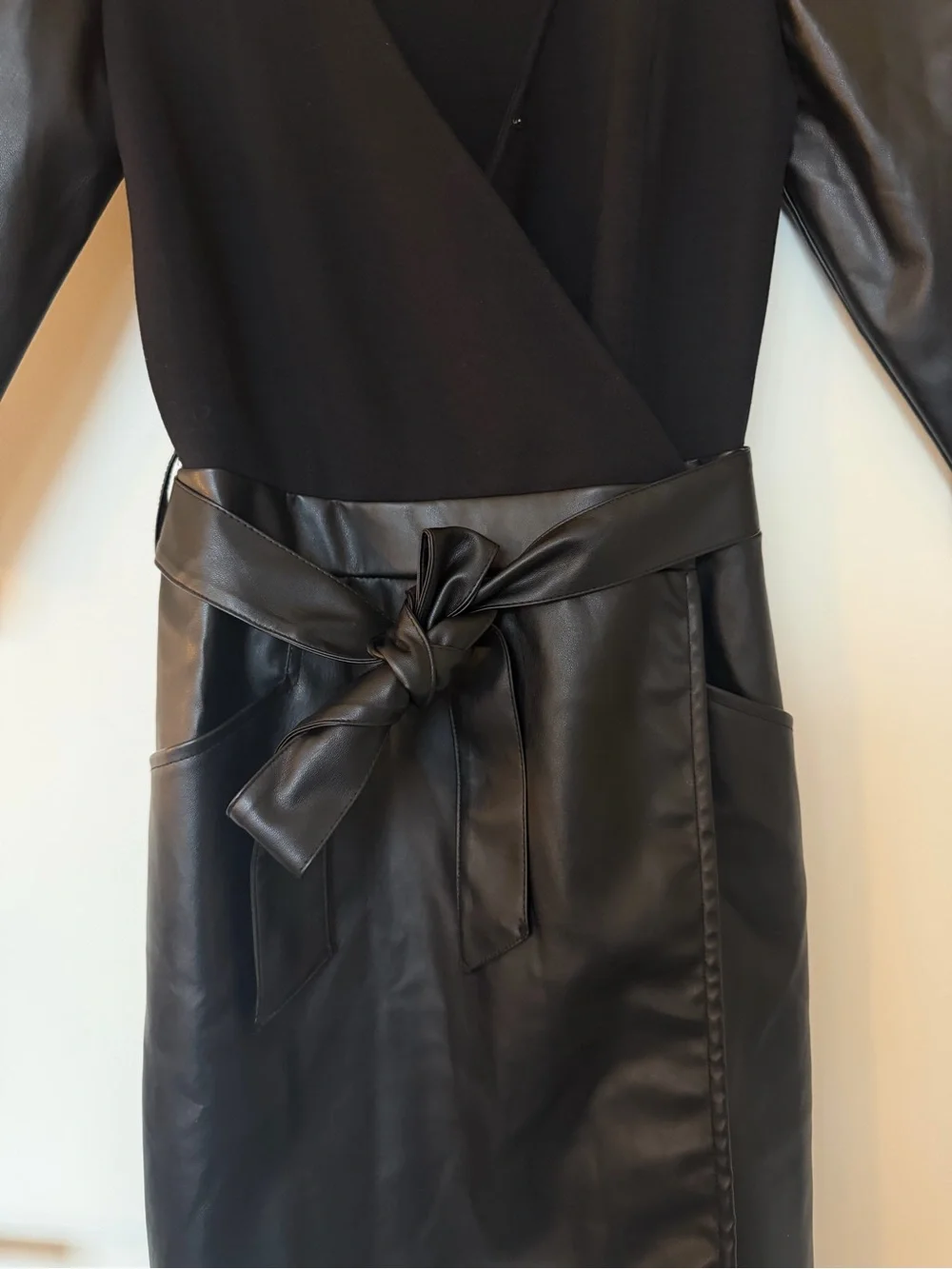 Micheal Kors Black Faux Leather Sleeve Wrap Dress with Belt - Petite